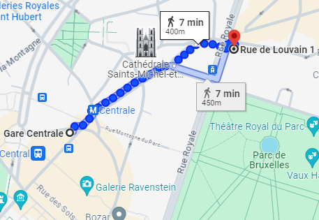 Plan trajet gare centrale - rue de Louvain